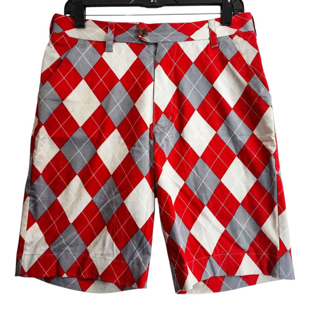 LOUDMOUTH Shorts Mens 30 Red Gray Argyle Diamond Pattern Pockets Golf Athleisure